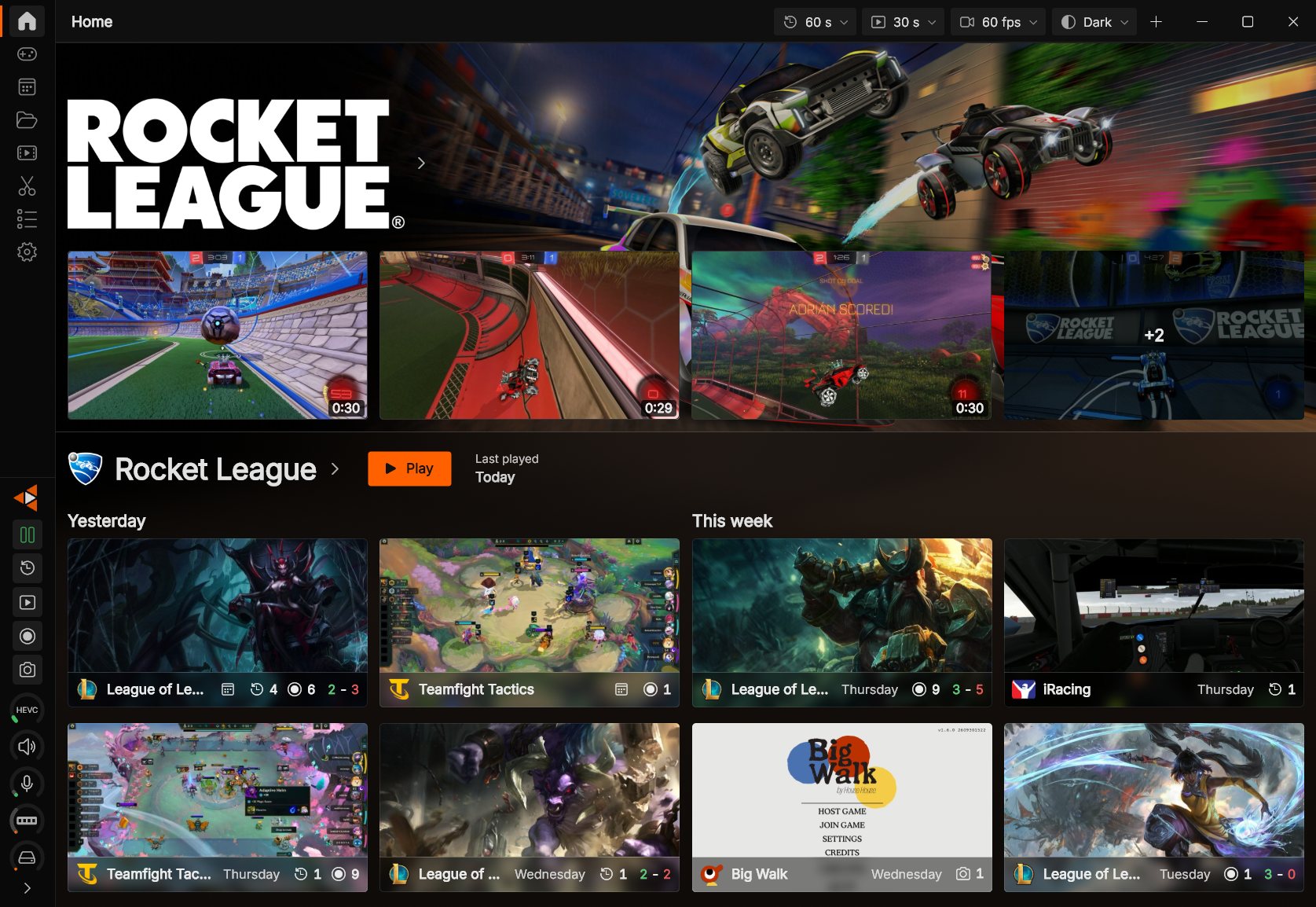REPLAYD's Home: the last game played, its latest clips, and every session by day with its matches, wins and losses.